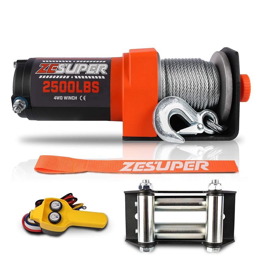 ZESUPER 2500 lb 12V winch with 50 feet of steel cable and hook.