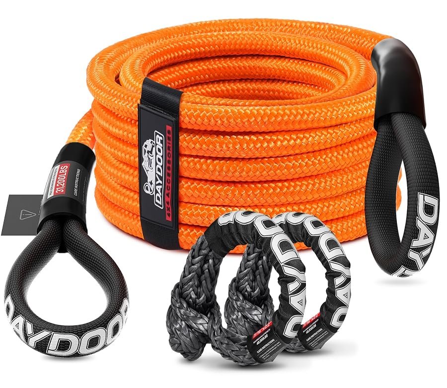 Orange DAYDOOR recovery tow rope kit, 7/16 inch by 30 feet, coiled.