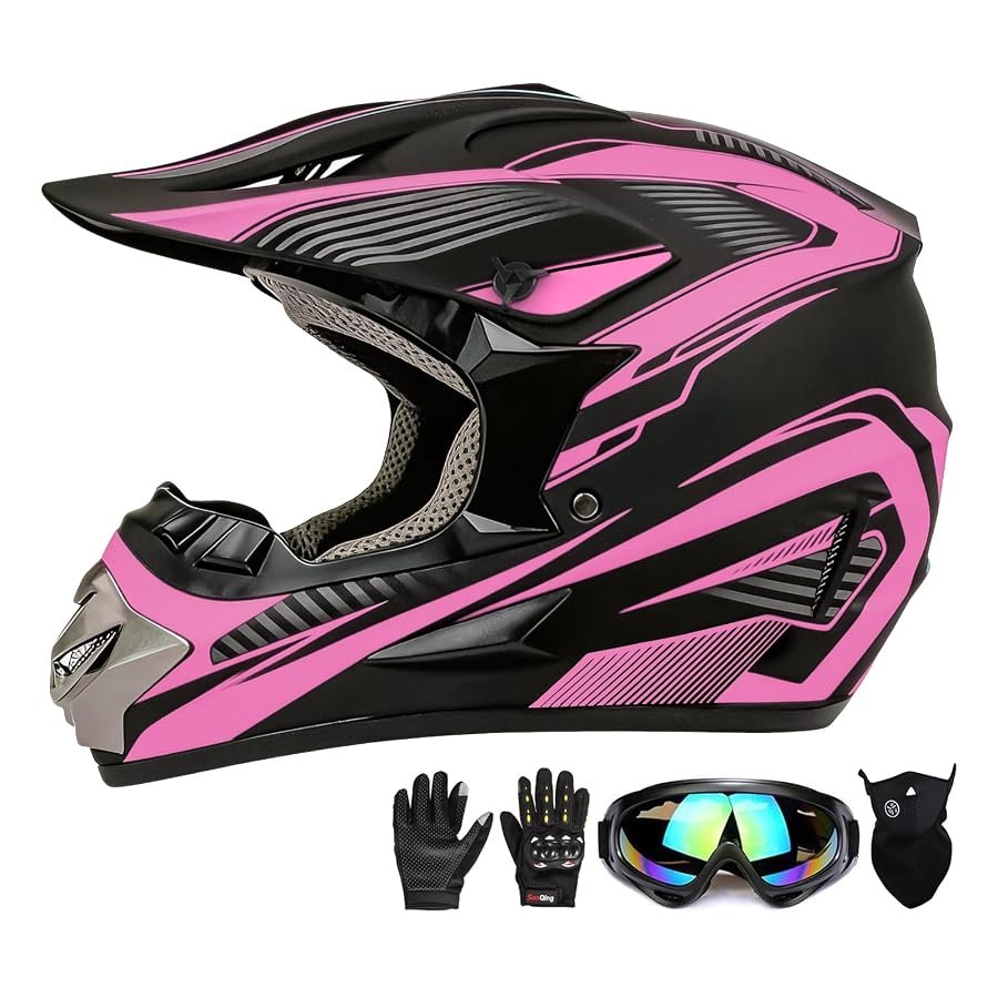 Pink youth motocross helmet with peak visor and open eye port