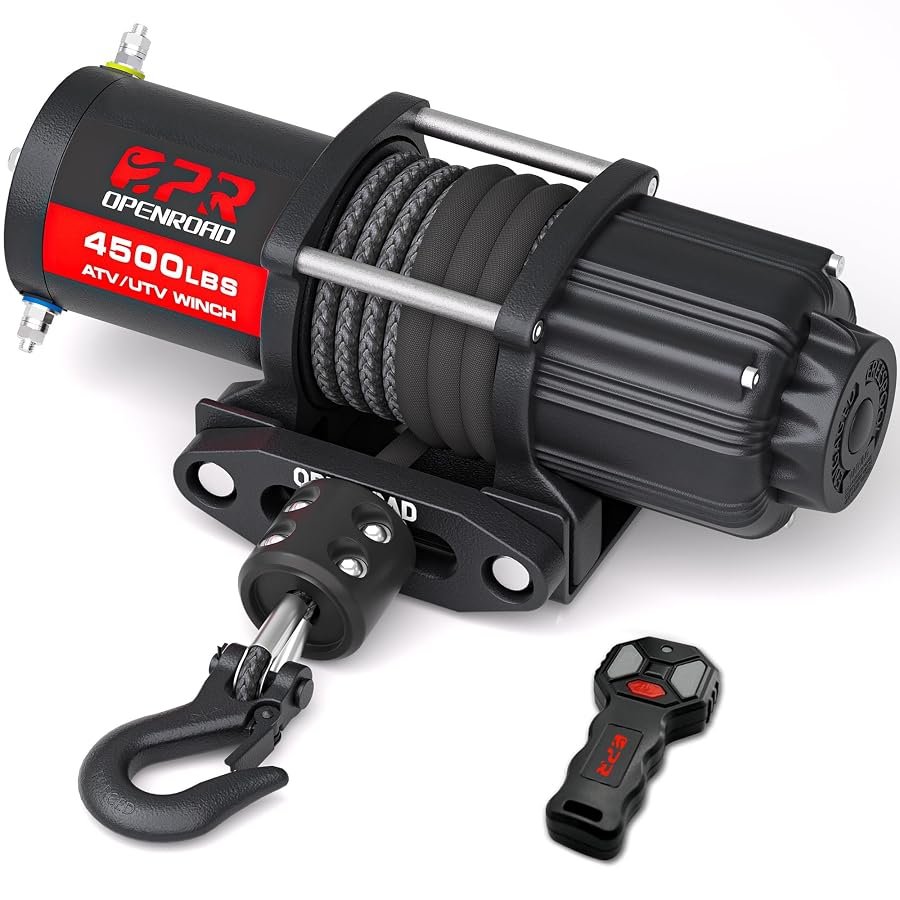 OPENROAD 4500 lb 12V winch with grey synthetic rope, wireless remote and bracket.