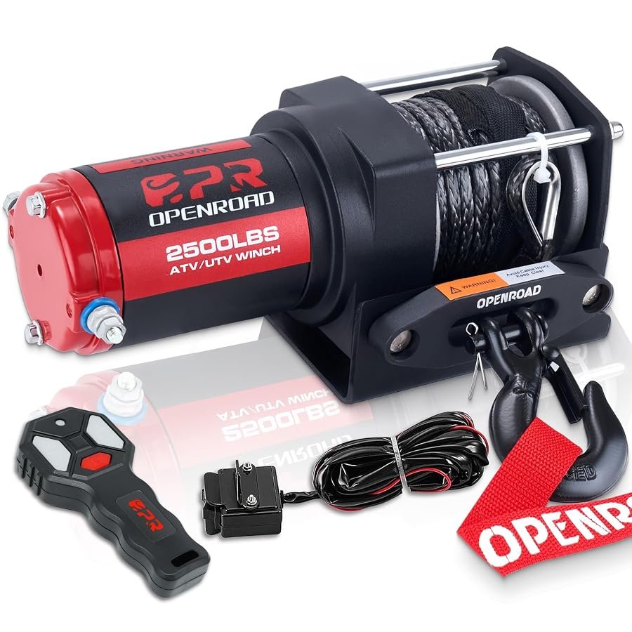 OPENROAD 2500 lb 12V ATV winch with synthetic rope, wireless remote and mounting plate.
