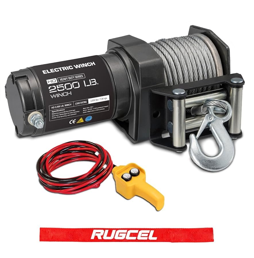 RUGCEL 2500 lb electric ATV winch with roller fairlead and mount plate.