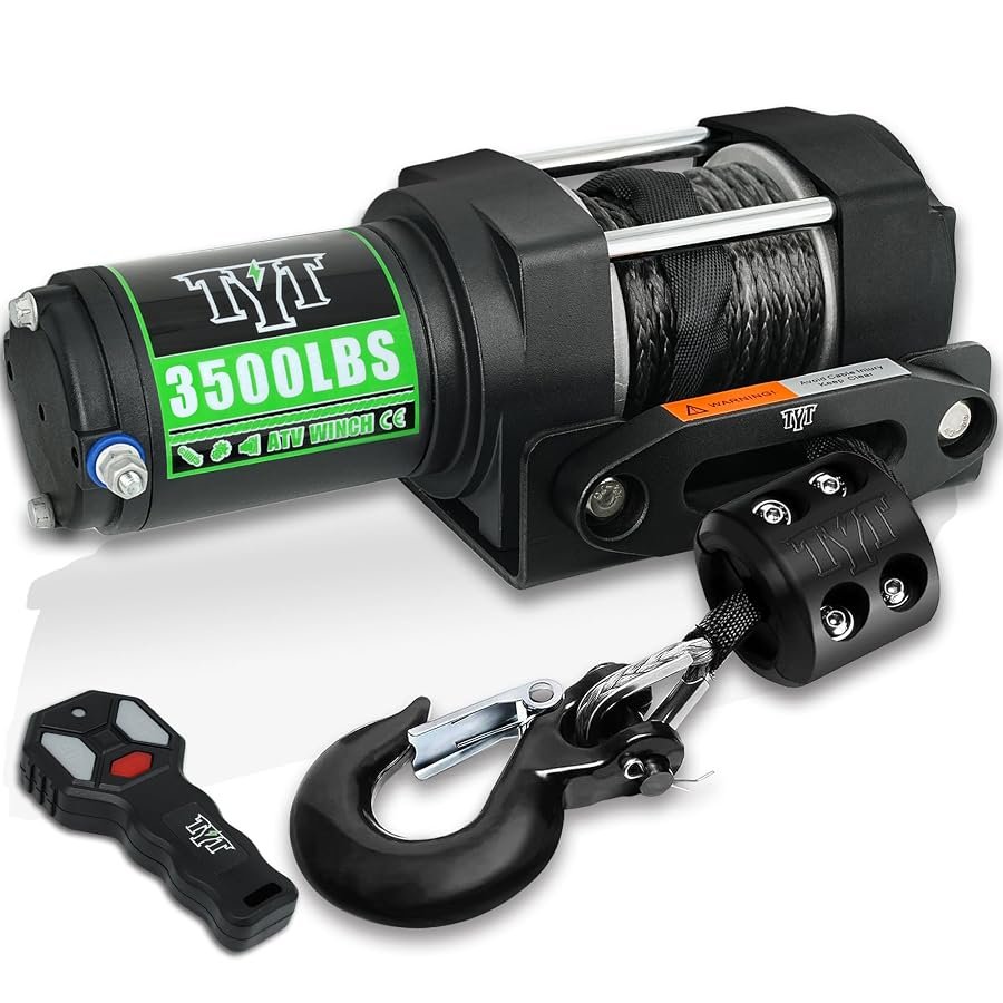 TYT 3500 lb 12V ATV winch with synthetic rope, fairlead, mounting plate and remotes.