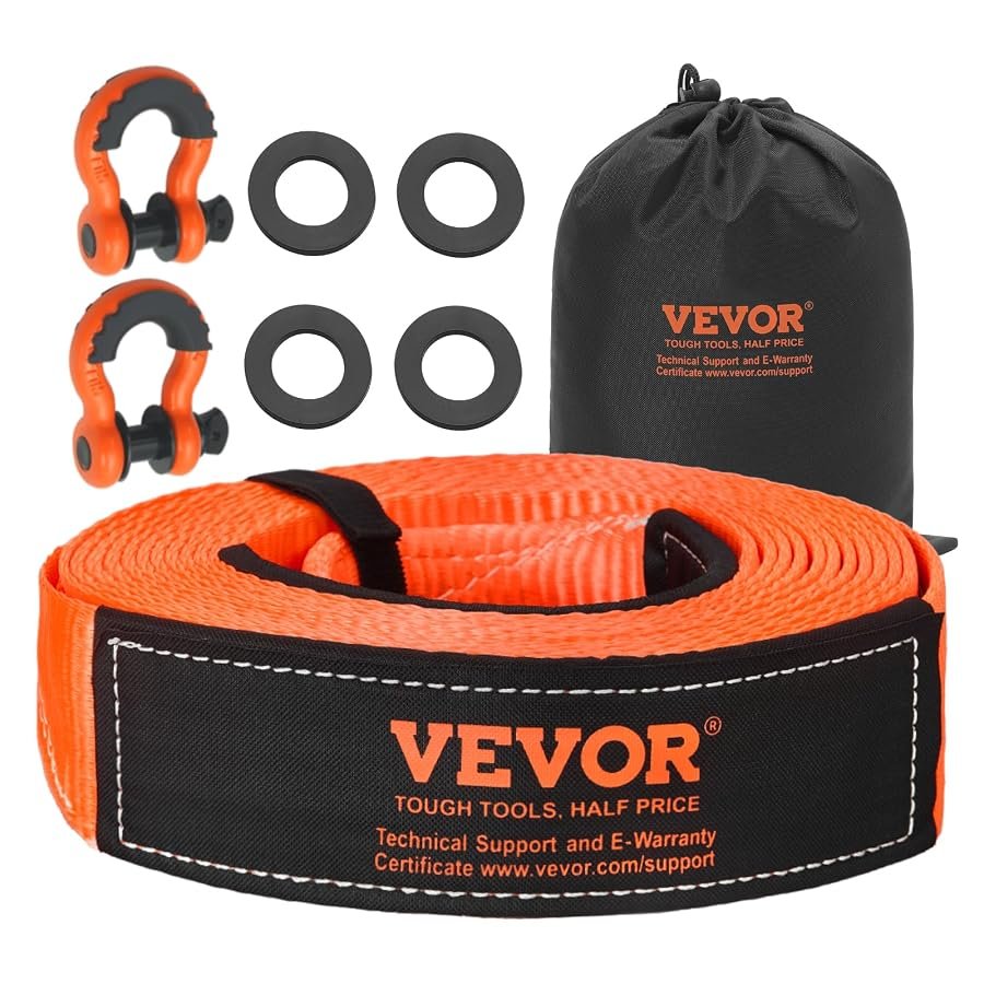 VEVOR recovery kit with 3 inch tow strap, D ring shackles, sleeves and bag.