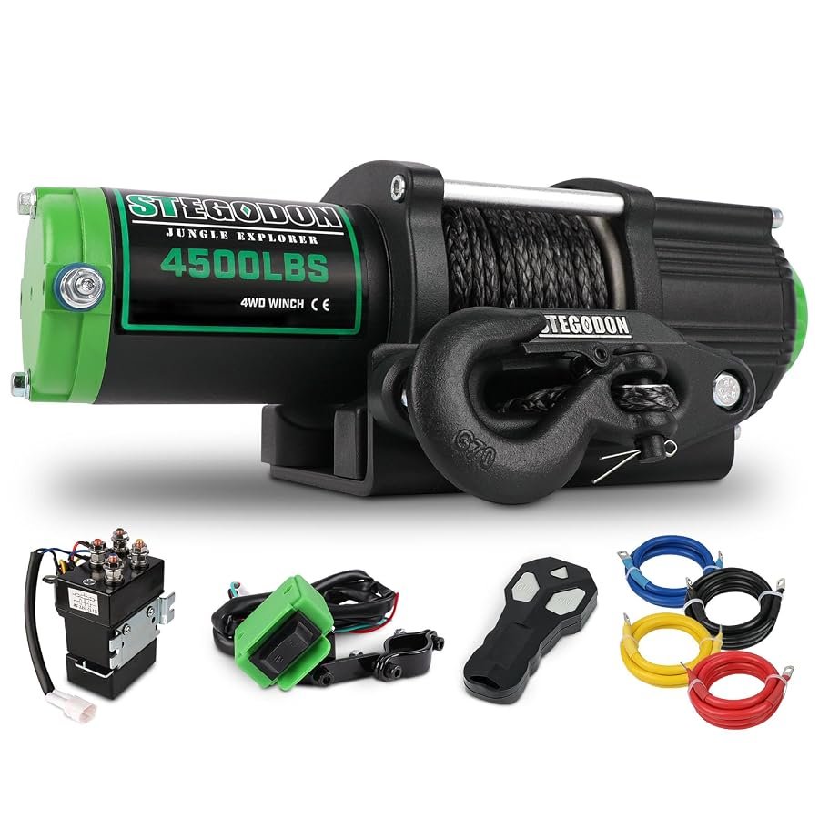 STEGODON 4500 lb 12V ATV winch with synthetic rope, wireless remote and bracket.
