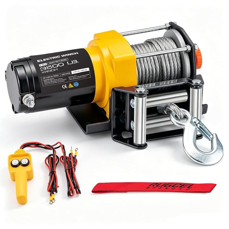 RUGCEL 3500 lb electric ATV winch with roller fairlead and steel mount plate.