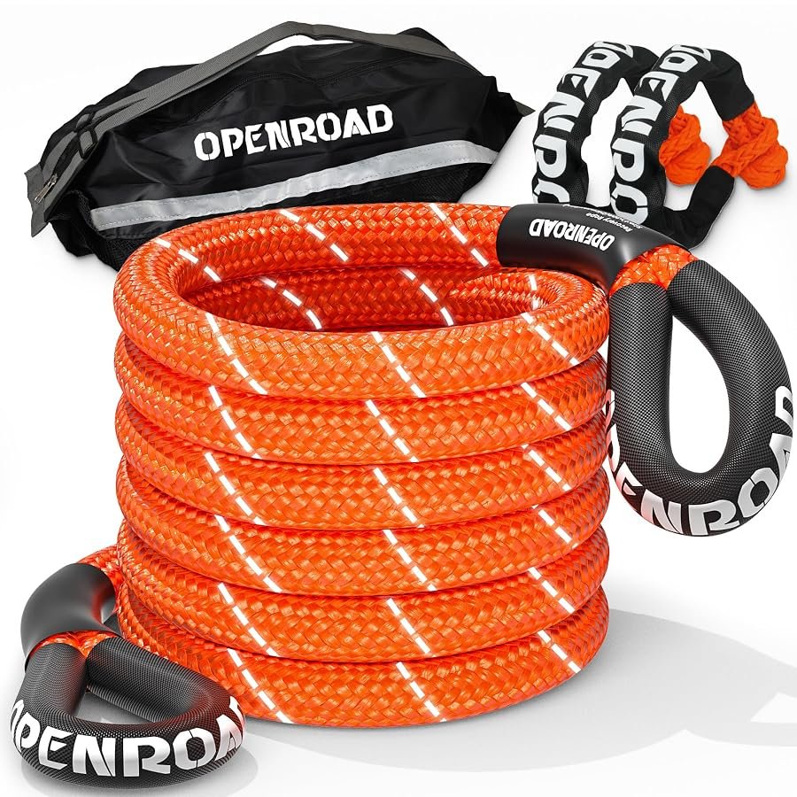 Orange reflective kinetic recovery rope, 1 inch by 30 feet, with soft shackle.