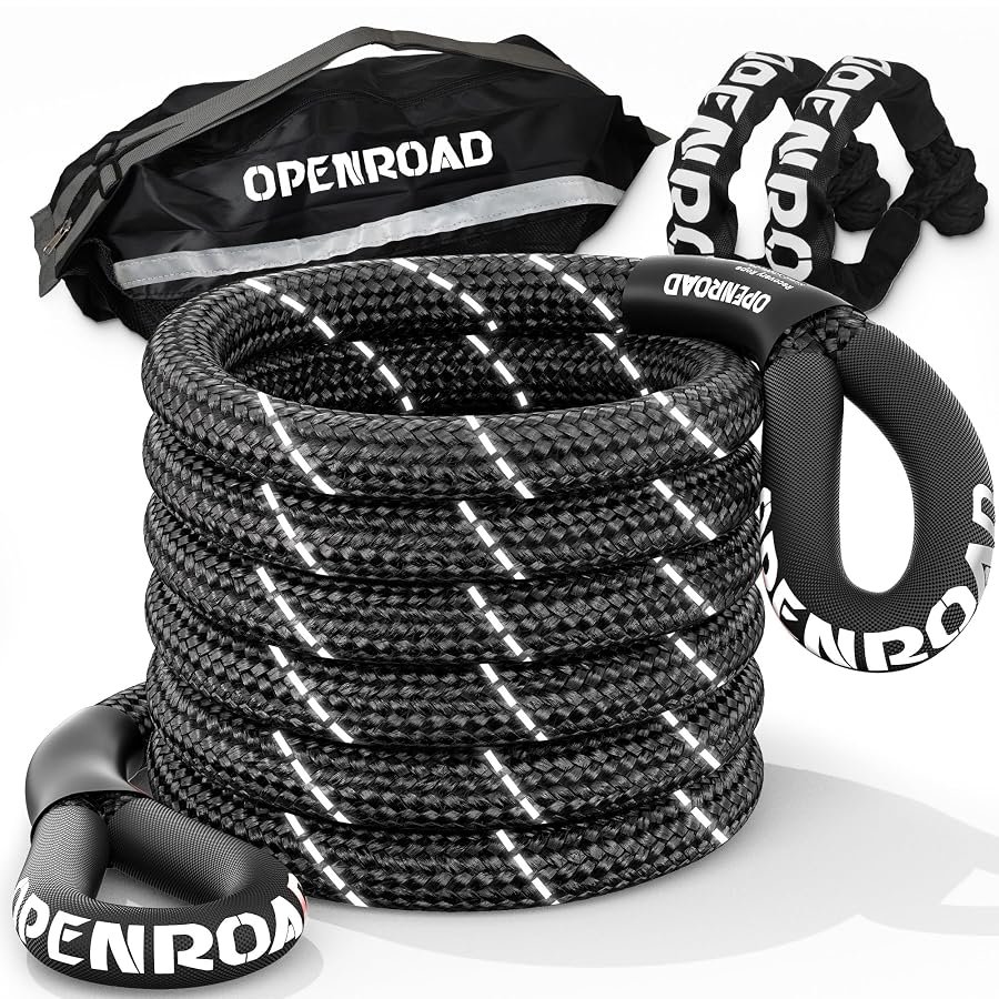 Black kinetic recovery rope, 1 inch by 30 feet, coiled with soft shackle.