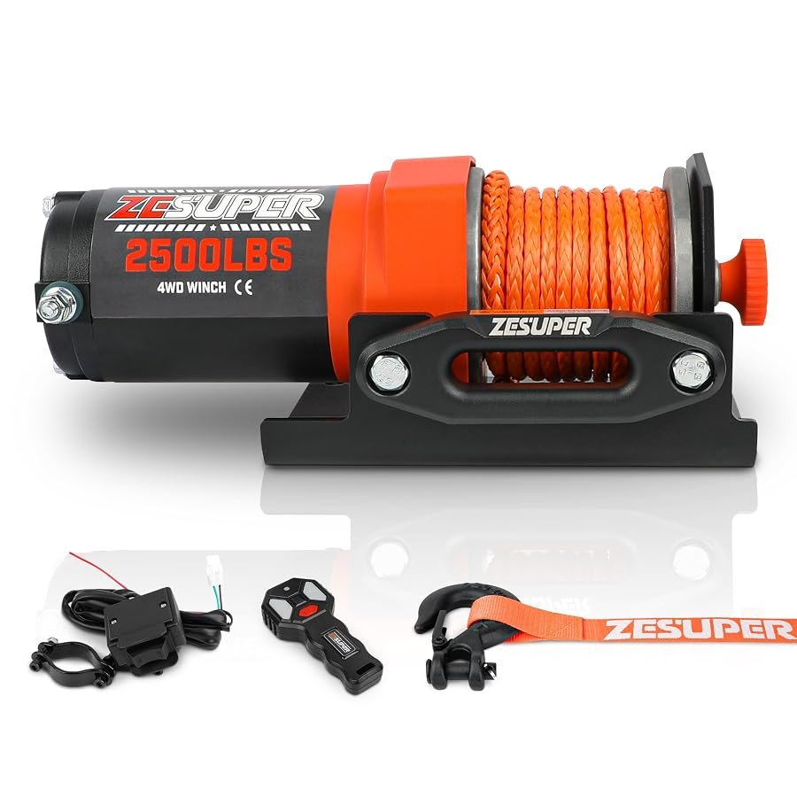 ZESUPER 2500 lb 12V winch with 30 feet of synthetic rope and hook.