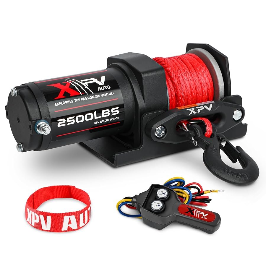 XPV AUTO 2500 lb 12V winch with synthetic nylon rope for ATV and UTV use.